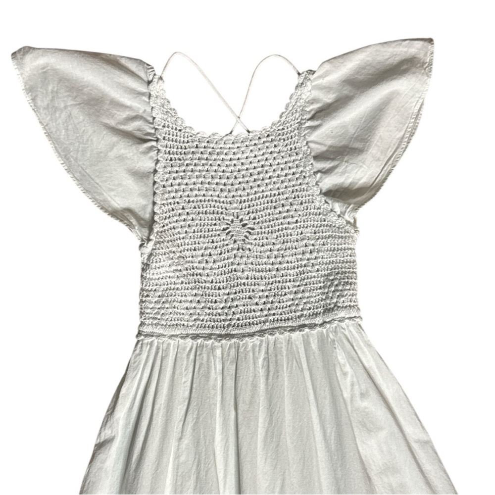 ZARA WHITE COTTON FLUTTER SLEEVE CROCHET BODICE CROSS BACK SUMMER MIDI DRESS - Picture 12 of 13